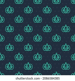 Green line Pumpkin icon isolated seamless pattern on blue background. Happy Halloween party.  Vector
