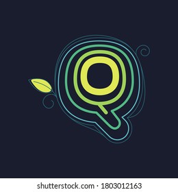 Green line Q letter logo with swirl petals and leaf. This font made of stroke can be used for a ecology advertising, agriculture art, botanical identity, etc.
