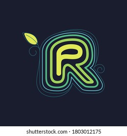 Green line R letter logo with swirl petals and leaf. This font made of stroke can be used for a ecology advertising, agriculture art, botanical identity, etc.