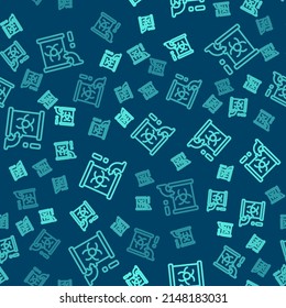 Green line Radioactive waste in barrel icon isolated seamless pattern on blue background. Barrel with radioactive and toxic substance is spilled.  Vector