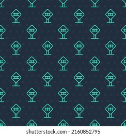 Green line Railroad crossing icon isolated seamless pattern on blue background. Railway sign.  Vector