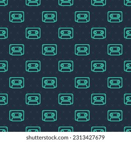 Green line Retro audio cassette tape icon isolated seamless pattern on blue background.  Vector