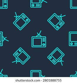 Green line Retro tv icon isolated seamless pattern on blue background. Television sign.  Vector