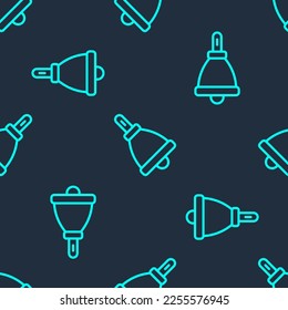 Green line Ringing bell icon isolated seamless pattern on blue background. Alarm symbol, service bell, handbell sign, notification symbol.  Vector