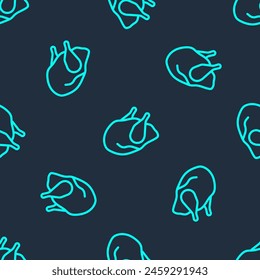 Green line Roasted turkey or chicken icon isolated seamless pattern on blue background.  Vector