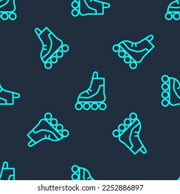 Green line Roller skate icon isolated seamless pattern on blue background.  Vector Illustration