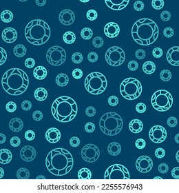 Green line Rubber swimming ring icon isolated seamless pattern on blue background. Life saving floating lifebuoy for beach, rescue belt for saving people.  Vector