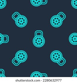 Green line Safe combination lock icon isolated seamless pattern on blue background. Combination padlock. Security, safety, protection, password, privacy.  Vector
