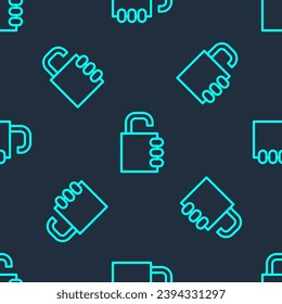 Línea verde Icono de bloqueo de combinación de seguridad aislado patrón transparente en fondo azul. Candado de combinación. Seguridad, seguridad, protección, contraseña, privacidad.  Ilustración vectorial