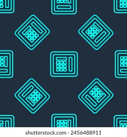 Green line Safe icon isolated seamless pattern on blue background. The door safe a bank vault with a combination lock. Reliable Data Protection.  Vector Illustration