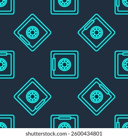 Green line Safe icon isolated seamless pattern on blue background. The door safe a bank vault with a combination lock. Reliable Data Protection.  Vector