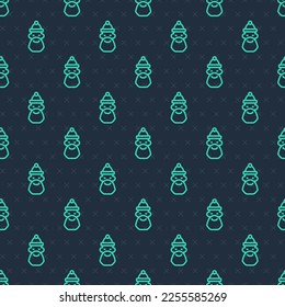 Green line Santa Claus hat and beard icon isolated seamless pattern on blue background. Merry Christmas and Happy New Year.  Vector