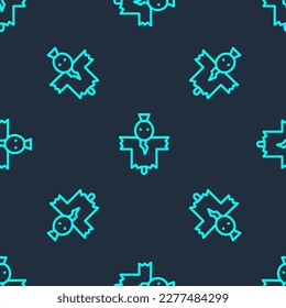 Green line Scarecrow icon isolated seamless pattern on blue background. Happy Halloween party.  Vector