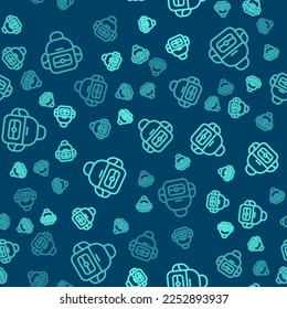 Green line School backpack icon isolated seamless pattern on blue background.  Vector