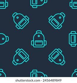 Green line School backpack icon isolated seamless pattern on blue background.  Vector