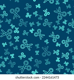 Green line Scissors with cut line icon isolated seamless pattern on blue background. Tailor symbol. Cutting tool sign.  Vector