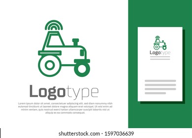 Green Line Self Driving Wireless Tractor On A Smart Farm Icon Isolated On White Background. Smart Agriculture Implement Element. Logo Design Template Element. Vector Illustration