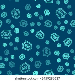 Green line Shield with bitcoin icon isolated seamless pattern on blue background. Cryptocurrency mining, blockchain technology, security, protect, digital money.  Vector