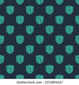 Icono de Escudo de línea verde aislado sin fisuras en fondo azul. Signo de guardia. Seguridad, seguridad, protección, concepto de privacidad.  Vector