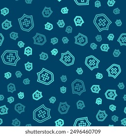 Green line Shield icon isolated seamless pattern on blue background. Guard sign. Security, safety, protection, privacy concept.  Vector