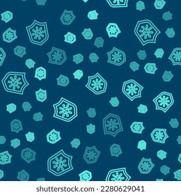 Green line Shield protecting from virus, germs and bacteria icon isolated seamless pattern on blue background. Immune system concept. Corona virus 2019-nCoV.  Vector