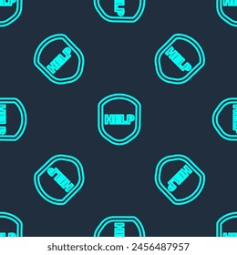 Green line Shield with text Help icon isolated seamless pattern on blue background. Guard sign. Security, safety, protection, privacy concept.  Vector Illustration