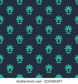 Green line Ship steering wheel icon isolated seamless pattern on blue background.  Vector