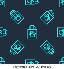 Green line Shopping bag pet icon isolated seamless pattern on blue background. Pet shop online. Animal clinic.  Vector