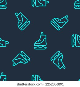 Green line Skates icon isolated seamless pattern on blue background. Ice skate shoes icon. Sport boots with blades.  Vector Illustration