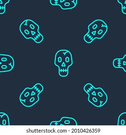 Green line Skull icon isolated seamless pattern on blue background. Happy Halloween party.  Vector