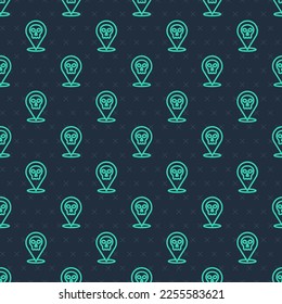 Green line Skull icon isolated seamless pattern on blue background. Happy Halloween party.  Vector
