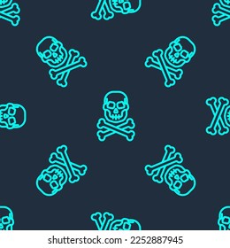 Green line Skull on crossbones icon isolated seamless pattern on blue background. Happy Halloween party.  Vector