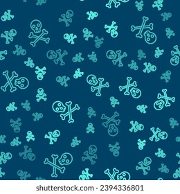 Green line Skull on crossbones icon isolated seamless pattern on blue background. Happy Halloween party.  Vector