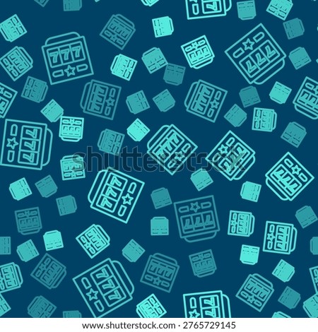 Green line Slot machine with lucky sevens jackpot icon isolated seamless pattern on blue background.  Vector
