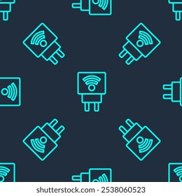 Linha verde Ícone de sistema de plugue elétrico inteligente isolado padrão perfeito no fundo azul. Conceito de Internet das coisas com conexão sem fio.  Vetor
