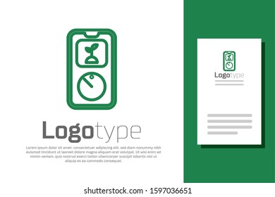 Green line Smart farming technology - timer farm automation system in app icon isolated on white background. Logo design template element. Vector Illustration