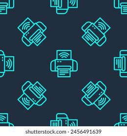 Línea verde Icono de sistema de impresora inteligente aislado patrón sin fisuras sobre fondo azul. Internet de las cosas concepto con conexión inalámbrica.  Vector