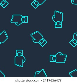 Green line Smart watch on hand icon isolated seamless pattern on blue background. Fitness App concept.  Vector