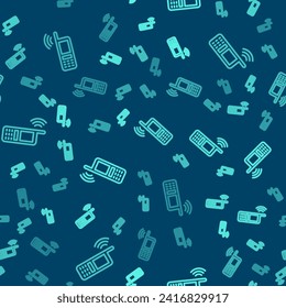 Green line Smartphone with free wi-fi wireless connection icon isolated seamless pattern on blue background. Wireless technology, wi-fi connection, wireless network.  Vector
