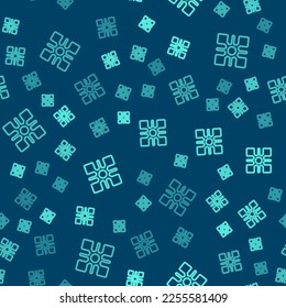 Icono de copo de nieve de línea verde aislado patrón sin fisuras en fondo azul.  Vector