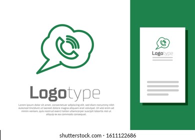 Green line Speech bubble with phone call icon isolated on white background. Logo design template element. Vector Illustration
