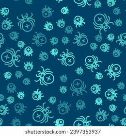 Green line Spider icon isolated seamless pattern on blue background. Happy Halloween party.  Vector