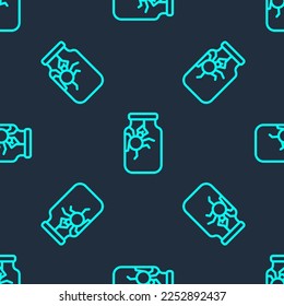 Green line Spider in jar icon isolated seamless pattern on blue background. Happy Halloween party.  Vector