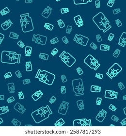 Green line Spider in jar icon isolated seamless pattern on blue background. Happy Halloween party.  Vector
