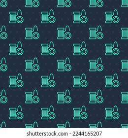 Green line Spinning reel for fishing icon isolated seamless pattern on blue background. Fishing coil. Fishing tackle.  Vector