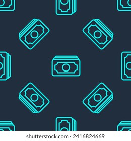Green line Stacks paper money cash icon isolated seamless pattern on blue background. Money banknotes stacks. Bill currency.  Vector Illustration