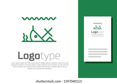 Green line Sunken ship at the bottom of the sea icon isolated on white background. Logo design template element. Vector Illustration