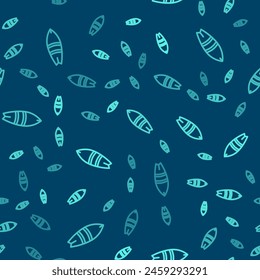 Green line Surfboard icon isolated seamless pattern on blue background. Surfing board. Extreme sport. Sport equipment.  Vector Illustration