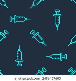 Green line Syringe icon isolated seamless pattern on blue background. Syringe for vaccine, vaccination, injection, flu shot. Medical equipment.  Vector