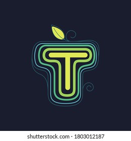 Green line T letter logo with swirl petals and leaf. This font made of stroke can be used for a ecology advertising, agriculture art, botanical identity, etc.